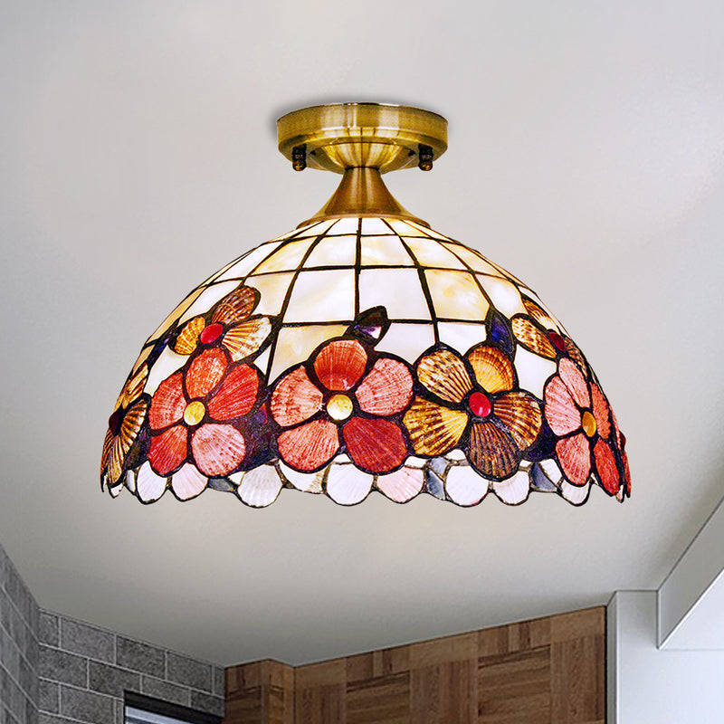 Brass Flushmount Tiffany Flower-Edge Shell Ceiling Light - 1-Light Bowl Fixture
