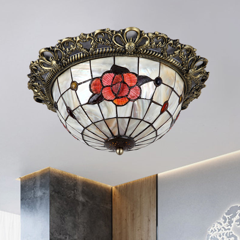 Natural Shell Baroque Flush Mount Ceiling Light with Gridded Hemispherical Design and Brass Finish - 2-Bulb Fixture