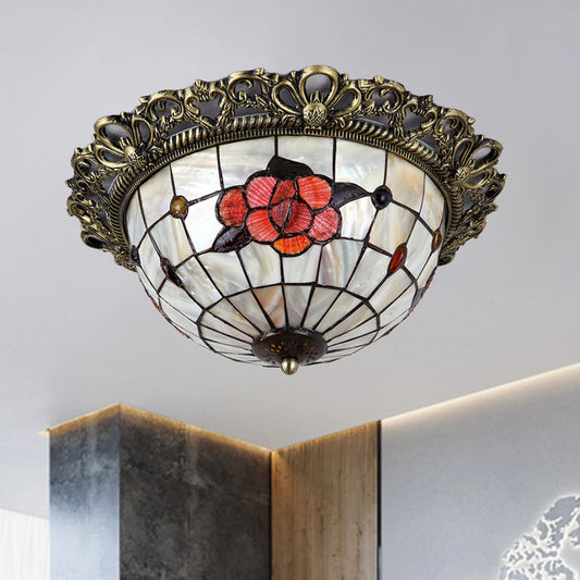 Natural Shell Baroque Flush Mount Ceiling Light with Gridded Hemispherical Design and Brass Finish - 2-Bulb Fixture