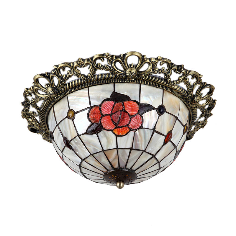 Natural Shell Baroque Flush Mount Ceiling Light with Gridded Hemispherical Design and Brass Finish - 2-Bulb Fixture