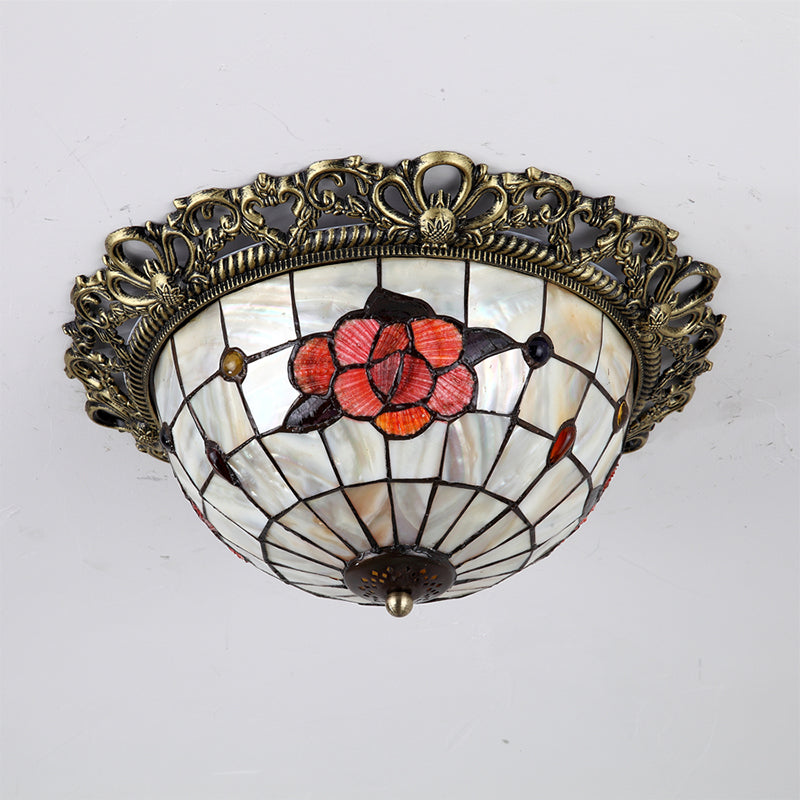 Natural Shell Baroque Flush Mount Ceiling Light with Gridded Hemispherical Design and Brass Finish - 2-Bulb Fixture