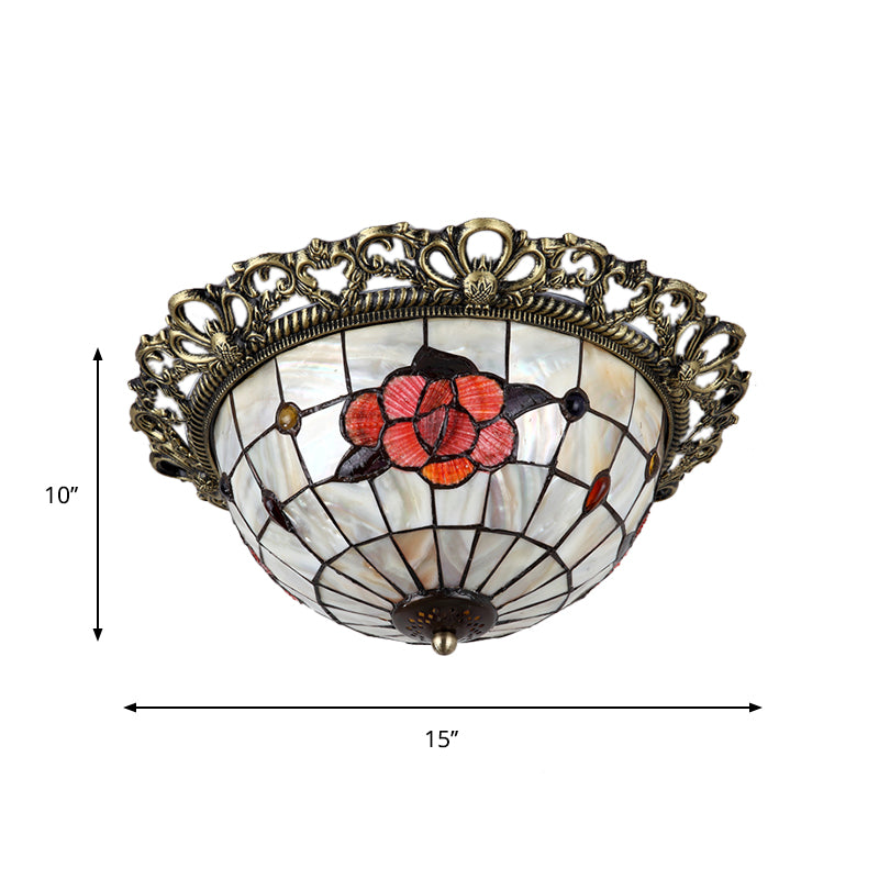 Natural Shell Baroque Flush Mount Ceiling Light with Gridded Hemispherical Design and Brass Finish - 2-Bulb Fixture