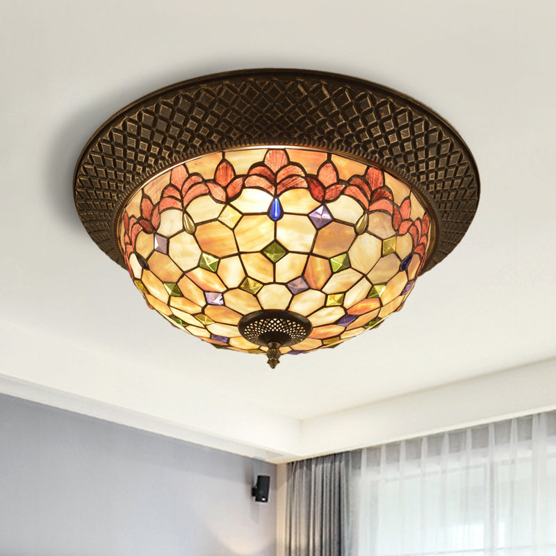 Bronze Cap Flush Mount Light with Tiffany LED Shell and Trellis Pattern