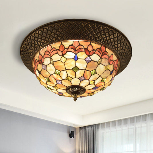 Bronze Cap Flush Mount Light with Tiffany LED Shell and Trellis Pattern