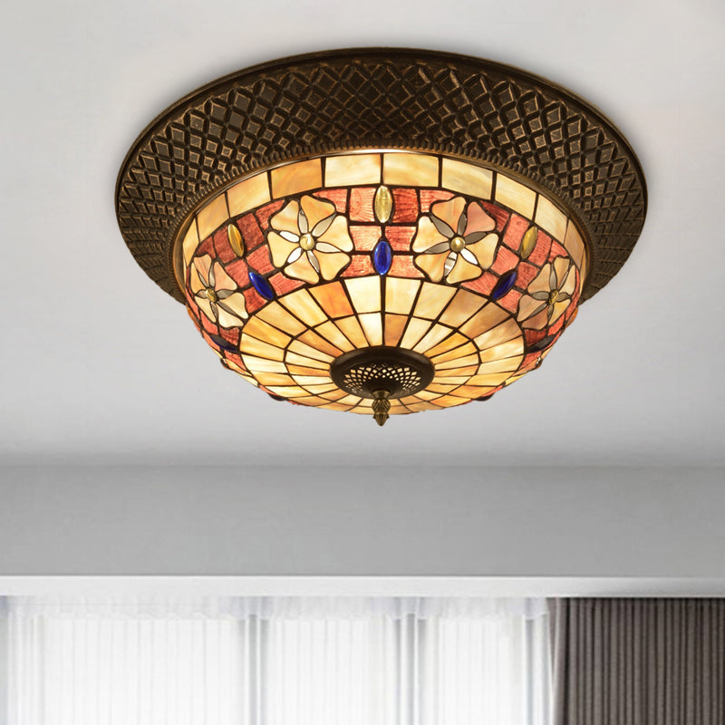 Bronze Cap Flush Mount Light with Tiffany LED Shell and Trellis Pattern