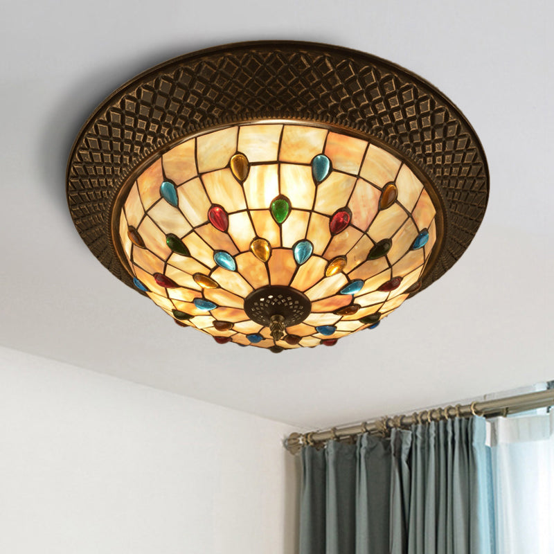Bronze Cap Flush Mount Light with Tiffany LED Shell and Trellis Pattern