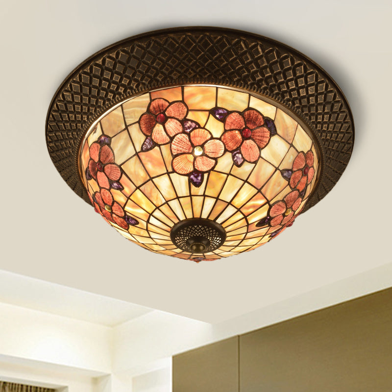 Bronze Cap Flush Mount Light with Tiffany LED Shell and Trellis Pattern