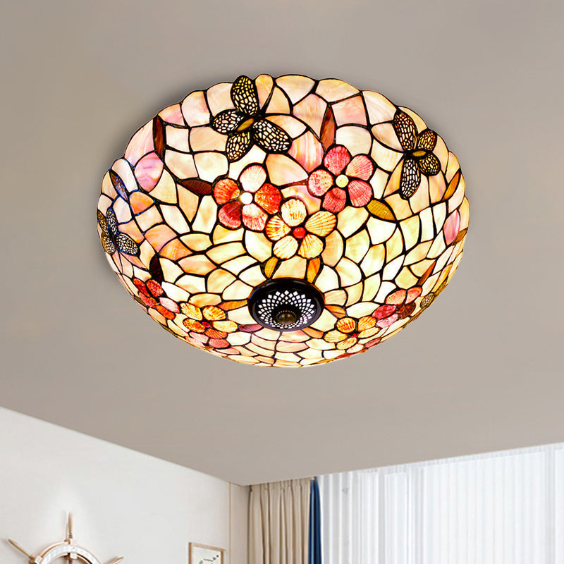 Shell Beige Tiffany Flushmount Ceiling Fixture with Butterfly-Flower Pattern, 3/4 Lights, 16"/20.5"W