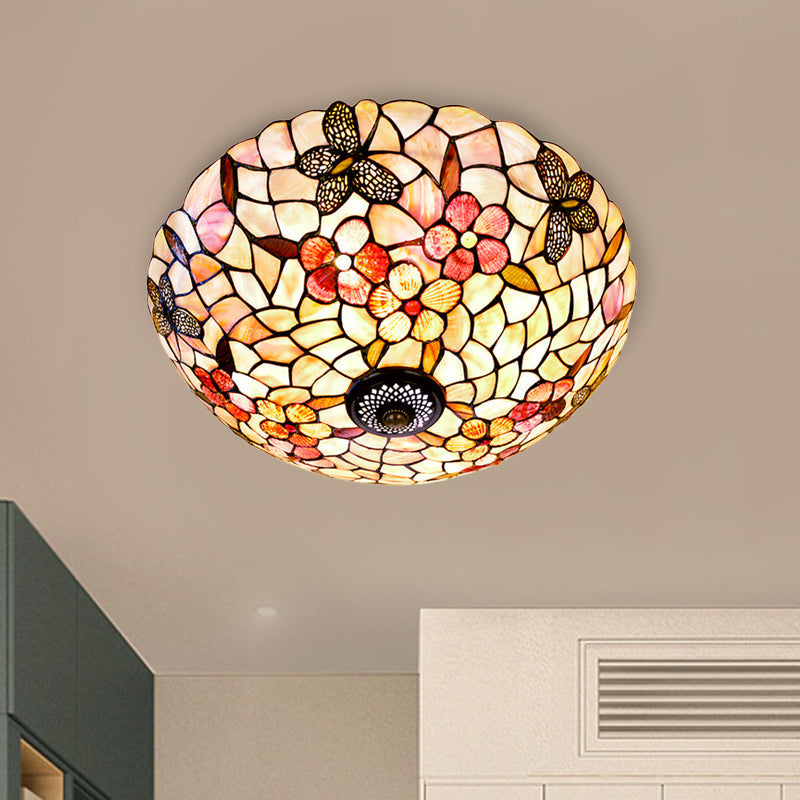 Shell Beige Tiffany Flushmount Ceiling Fixture with Butterfly-Flower Pattern, 3/4 Lights, 16"/20.5"W
