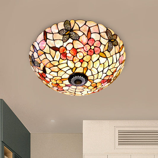 Shell Beige Tiffany Flushmount Ceiling Fixture With Butterfly-Flower Pattern 3/4 Lights 16/20.5W