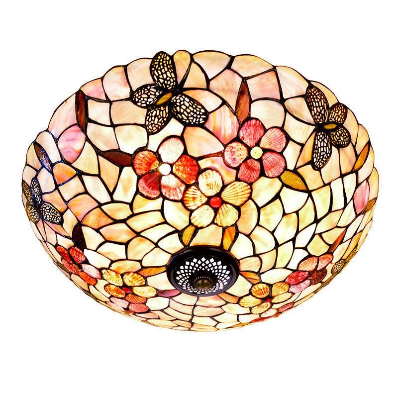 Shell Beige Tiffany Flushmount Ceiling Fixture with Butterfly-Flower Pattern, 3/4 Lights, 16"/20.5"W