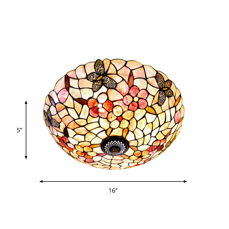 Shell Beige Tiffany Flushmount Ceiling Fixture with Butterfly-Flower Pattern, 3/4 Lights, 16"/20.5"W