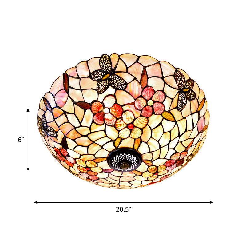 Shell Beige Tiffany Flushmount Ceiling Fixture with Butterfly-Flower Pattern, 3/4 Lights, 16"/20.5"W