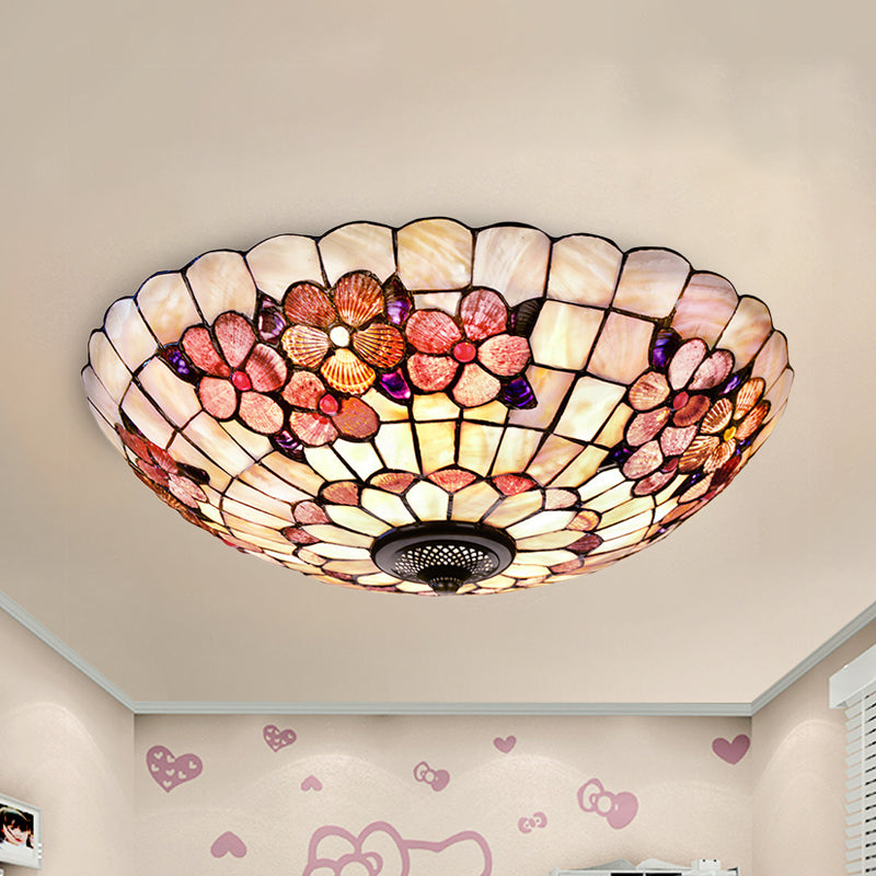 Flushmount Tiffany Shell Ceiling Light Fixture with Peony Pattern, Pink, 3/4 Bulbs, Various Sizes