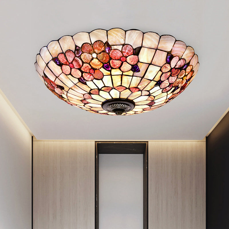 Flushmount Tiffany Shell Ceiling Light Fixture with Peony Pattern, Pink, 3/4 Bulbs, Various Sizes