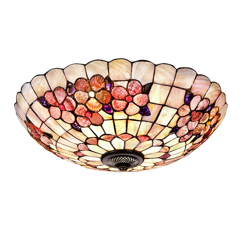 Flushmount Tiffany Shell Ceiling Light Fixture with Peony Pattern, Pink, 3/4 Bulbs, Various Sizes