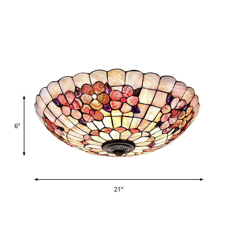 Flushmount Tiffany Shell Ceiling Light Fixture with Peony Pattern, Pink, 3/4 Bulbs, Various Sizes