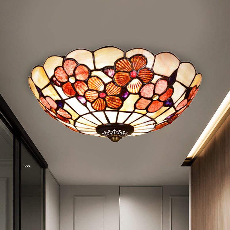 Flushmount Tiffany Shell Ceiling Light Fixture with Peony Pattern, Pink, 3/4 Bulbs, Various Sizes