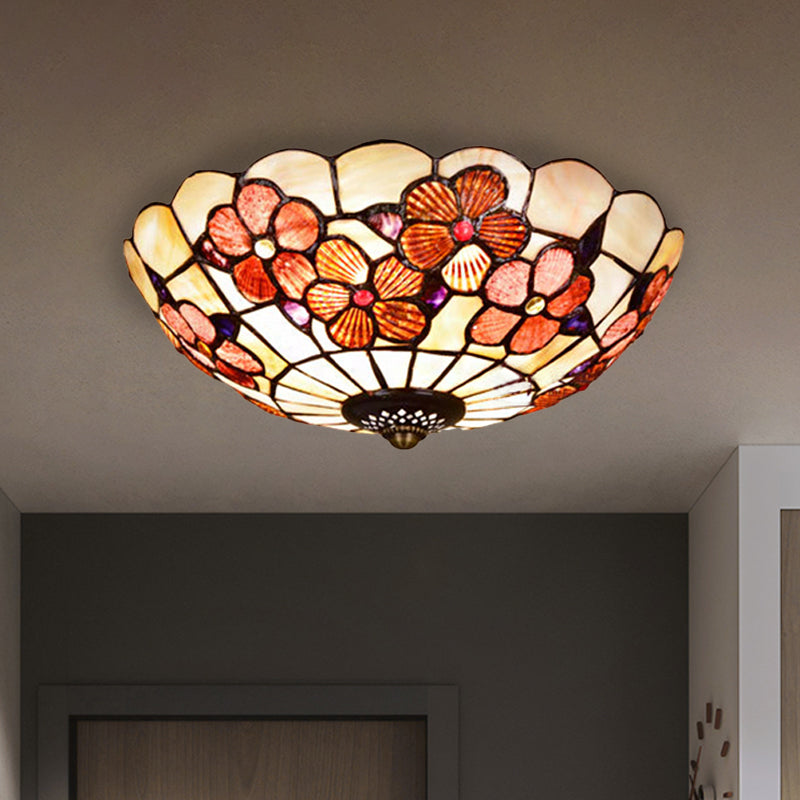 Flushmount Tiffany Shell Ceiling Light Fixture with Peony Pattern, Pink, 3/4 Bulbs, Various Sizes