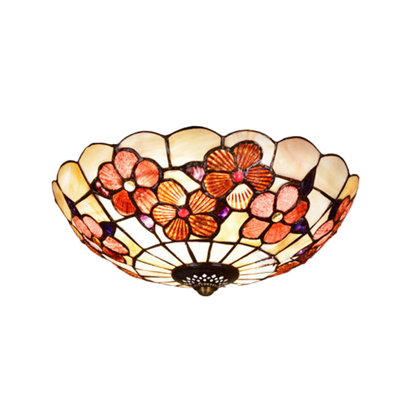 Flushmount Tiffany Shell Ceiling Light Fixture with Peony Pattern, Pink, 3/4 Bulbs, Various Sizes