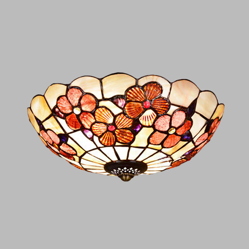 Flushmount Tiffany Shell Ceiling Light Fixture with Peony Pattern, Pink, 3/4 Bulbs, Various Sizes