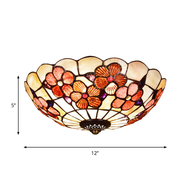 Flushmount Tiffany Shell Ceiling Light Fixture with Peony Pattern, Pink, 3/4 Bulbs, Various Sizes