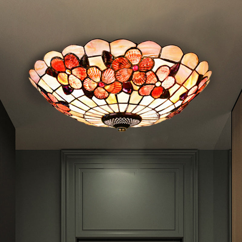 Flushmount Tiffany Shell Ceiling Light Fixture with Peony Pattern, Pink, 3/4 Bulbs, Various Sizes