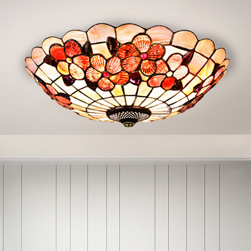 Flushmount Tiffany Shell Ceiling Light Fixture with Peony Pattern, Pink, 3/4 Bulbs, Various Sizes