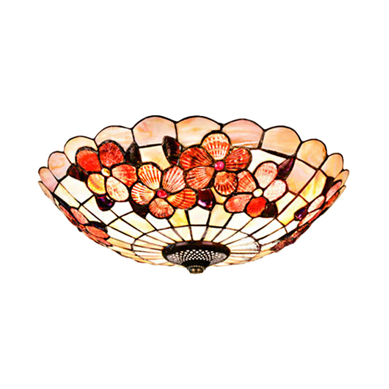 Flushmount Tiffany Shell Ceiling Light Fixture with Peony Pattern, Pink, 3/4 Bulbs, Various Sizes