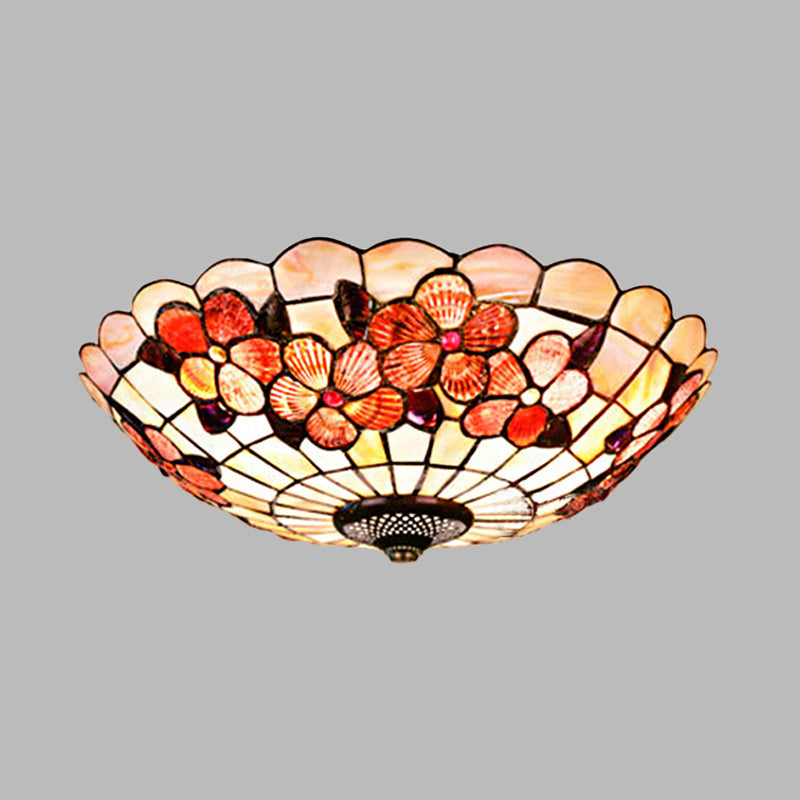 Flushmount Tiffany Shell Ceiling Light Fixture with Peony Pattern, Pink, 3/4 Bulbs, Various Sizes