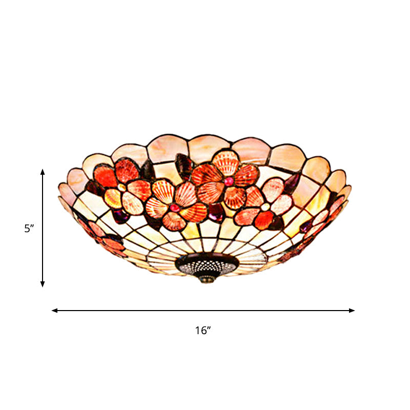 Flushmount Tiffany Shell Ceiling Light Fixture with Peony Pattern, Pink, 3/4 Bulbs, Various Sizes