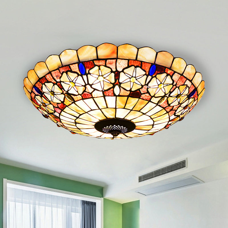 Tiffany Bowl Shell Ceiling Lamp with Blossom Pattern - 12"/21" Dia, 3/4-Light Flush Mount - Beige