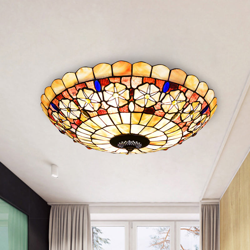 Tiffany Bowl Shell Ceiling Lamp with Blossom Pattern - 12"/21" Dia, 3/4-Light Flush Mount - Beige