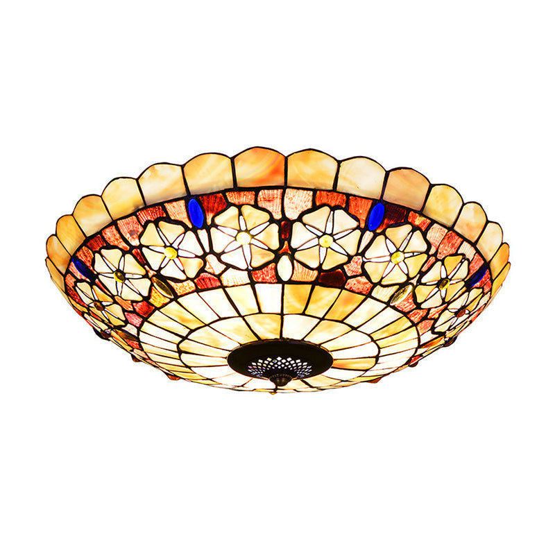 Tiffany Bowl Shell Ceiling Lamp with Blossom Pattern - 12"/21" Dia, 3/4-Light Flush Mount - Beige