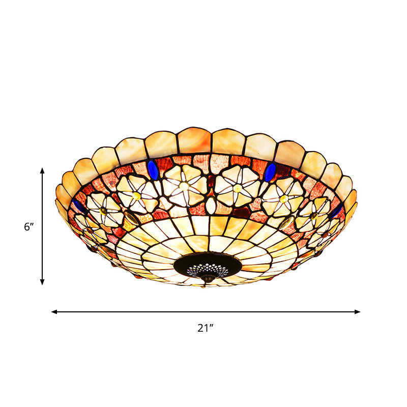 Tiffany Bowl Shell Ceiling Lamp with Blossom Pattern - 12"/21" Dia, 3/4-Light Flush Mount - Beige