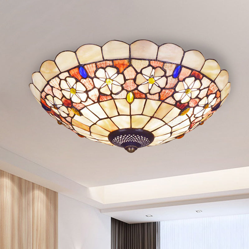 Tiffany Bowl Shell Ceiling Lamp with Blossom Pattern - 12"/21" Dia, 3/4-Light Flush Mount - Beige