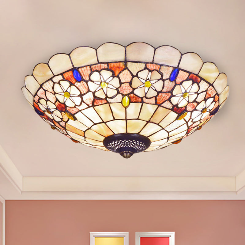 Tiffany Bowl Shell Ceiling Lamp with Blossom Pattern - 12"/21" Dia, 3/4-Light Flush Mount - Beige