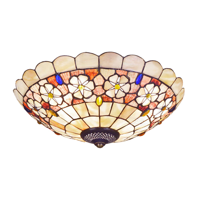 Tiffany Bowl Shell Ceiling Lamp with Blossom Pattern - 12"/21" Dia, 3/4-Light Flush Mount - Beige