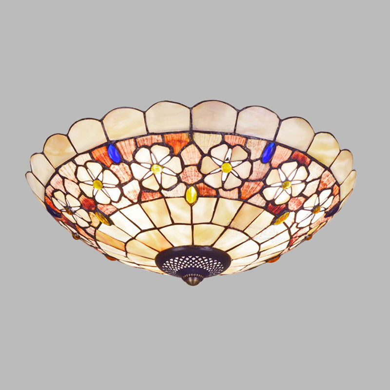 Tiffany Bowl Shell Ceiling Lamp with Blossom Pattern - 12"/21" Dia, 3/4-Light Flush Mount - Beige