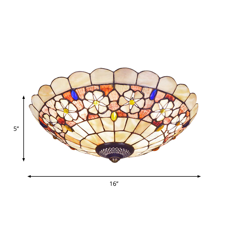 Tiffany Bowl Shell Ceiling Lamp with Blossom Pattern - 12"/21" Dia, 3/4-Light Flush Mount - Beige