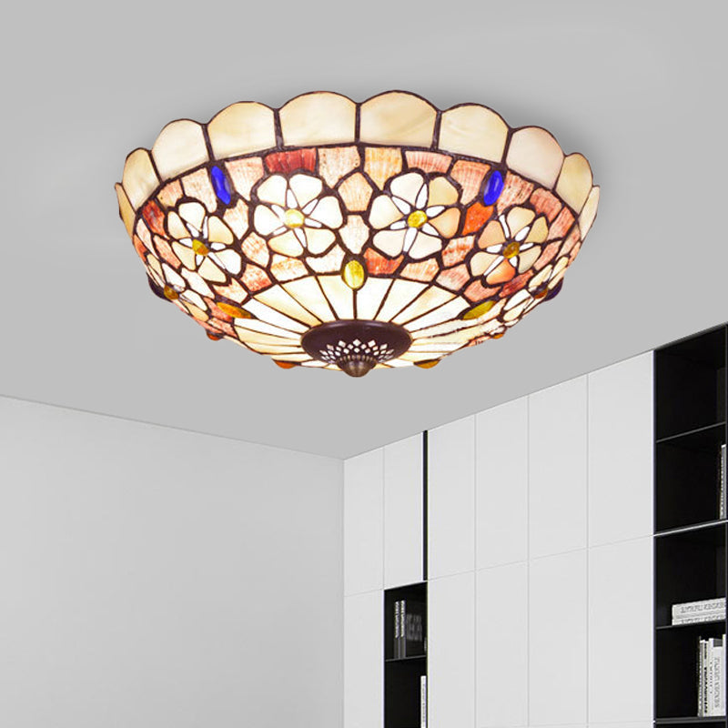 Tiffany Bowl Shell Ceiling Lamp with Blossom Pattern - 12"/21" Dia, 3/4-Light Flush Mount - Beige