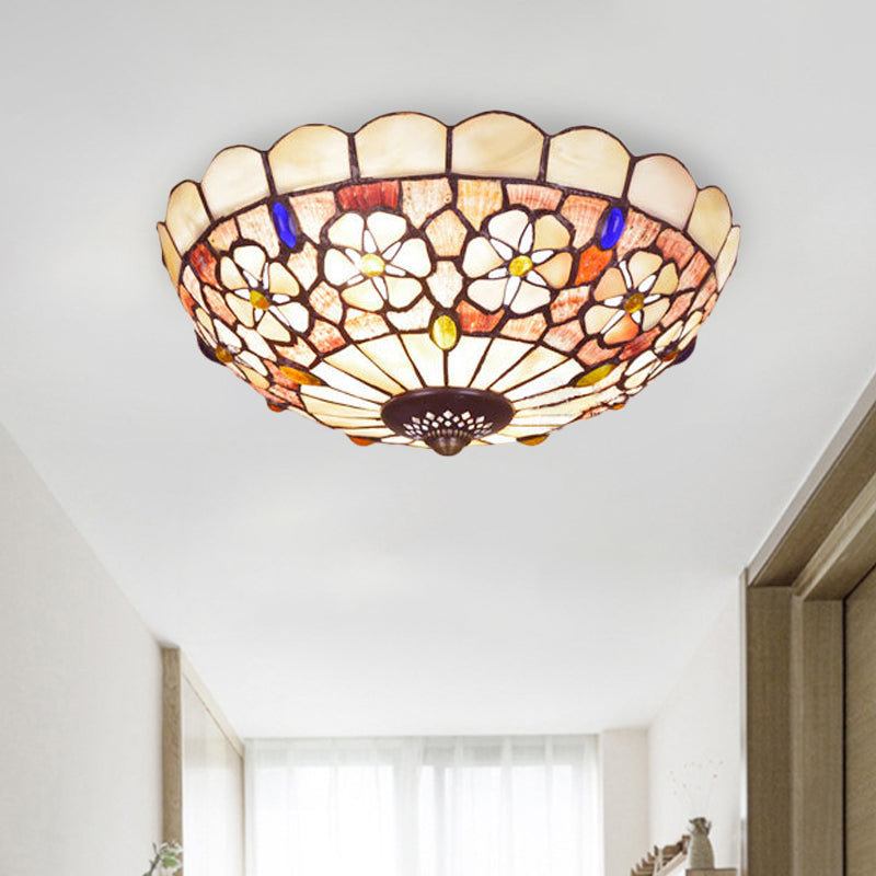 Tiffany Bowl Shell Ceiling Lamp with Blossom Pattern - 12"/21" Dia, 3/4-Light Flush Mount - Beige