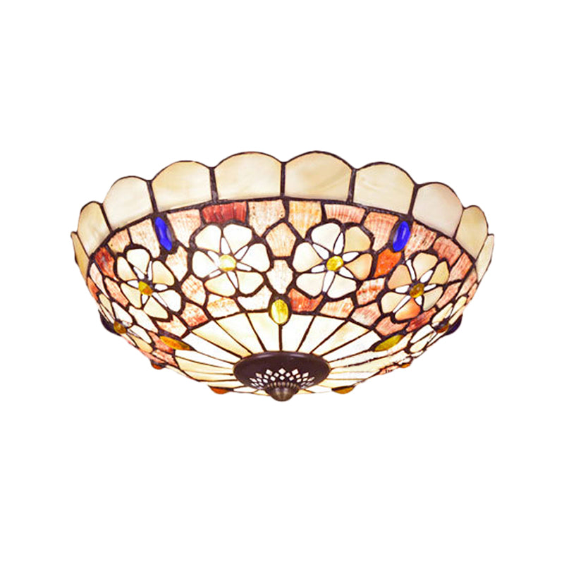 Tiffany Bowl Shell Ceiling Lamp with Blossom Pattern - 12"/21" Dia, 3/4-Light Flush Mount - Beige