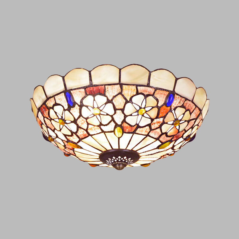 Tiffany Bowl Shell Ceiling Lamp with Blossom Pattern - 12"/21" Dia, 3/4-Light Flush Mount - Beige