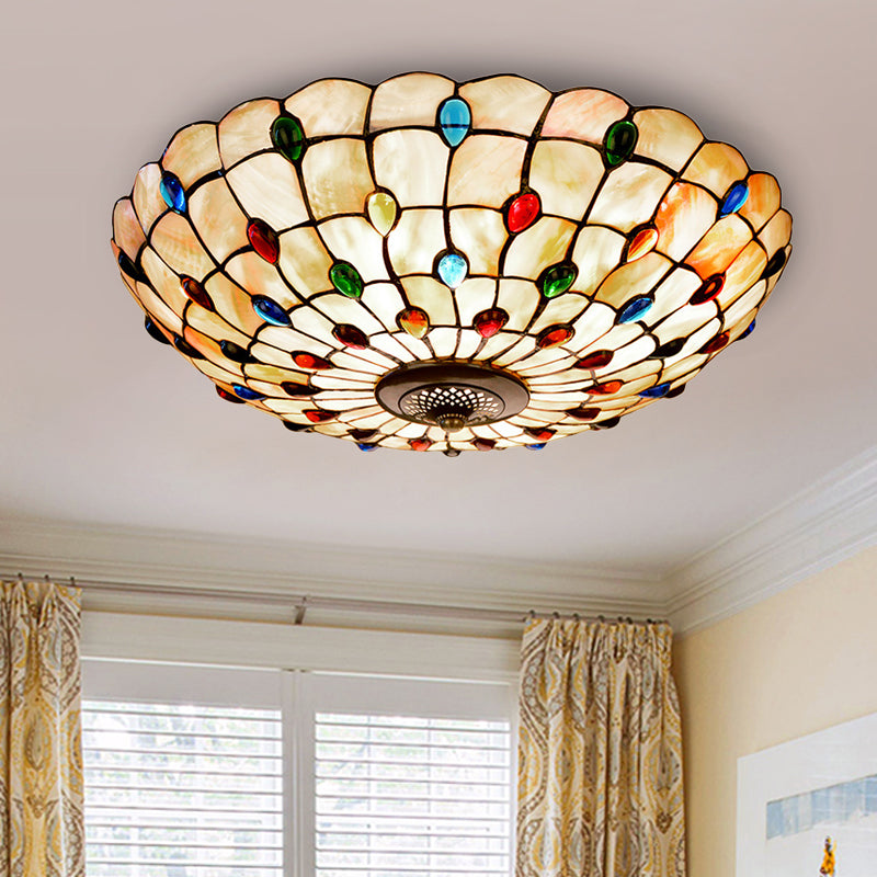 Tiffany Beige Shell Flush Mount Ceiling Light - 3/4-Light Cabochons-Embellished, Ideal for Living Room - 16"/21" Wide