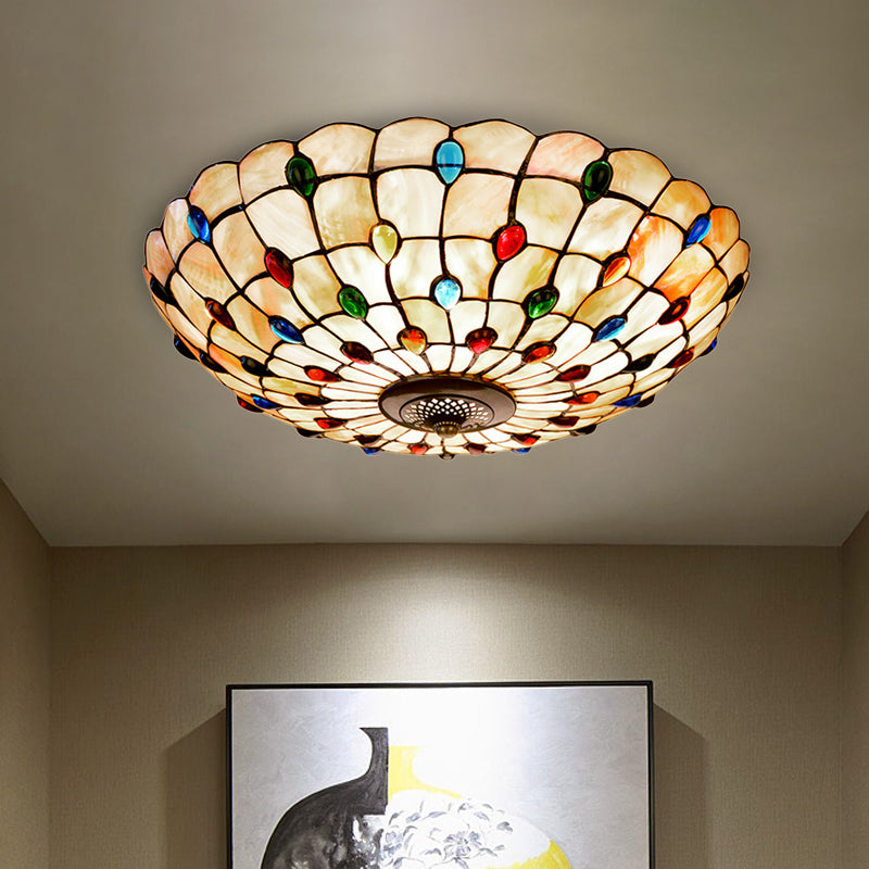 Tiffany Beige Shell Flush Mount Ceiling Light - 3/4-Light Cabochons-Embellished, Ideal for Living Room - 16"/21" Wide