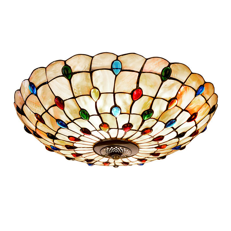 Tiffany Beige Shell Flush Mount Ceiling Light - 3/4-Light Cabochons-Embellished, Ideal for Living Room - 16"/21" Wide