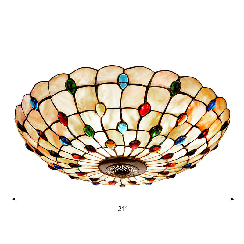 Tiffany Beige Shell Flush Mount Ceiling Light - 3/4-Light Cabochons-Embellished, Ideal for Living Room - 16"/21" Wide