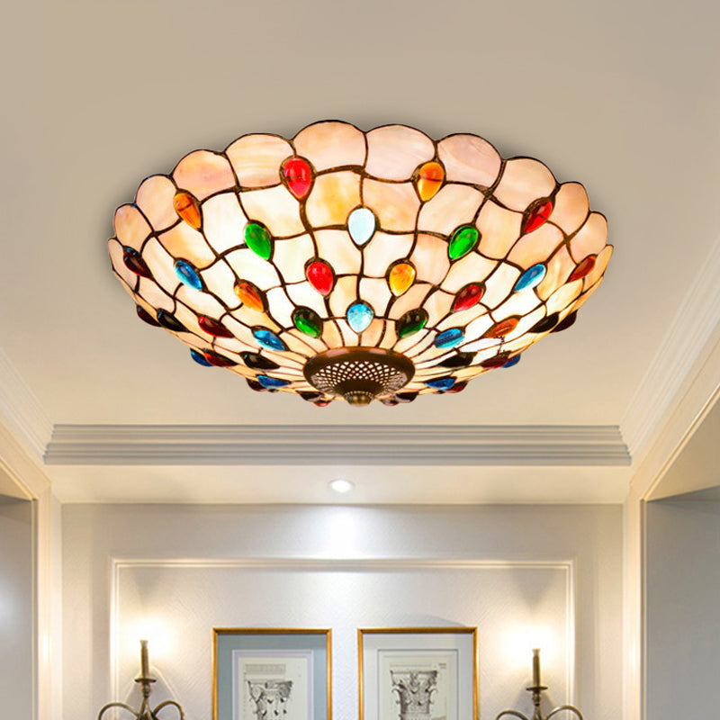Tiffany Beige Shell Flush Mount Ceiling Light - 3/4-Light Cabochons-Embellished, Ideal for Living Room - 16"/21" Wide