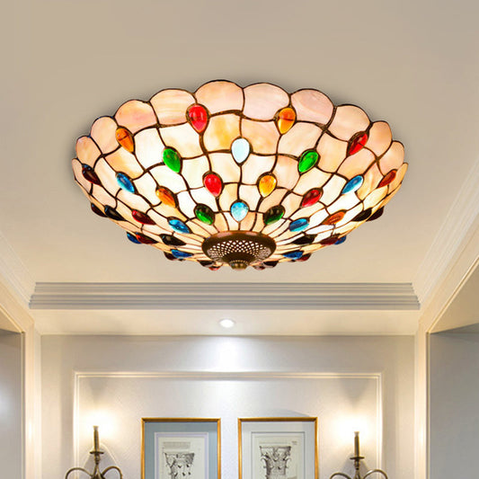 Tiffany Beige Shell Flush Mount Ceiling Light - 3/4-Light Cabochons-Embellished, Ideal for Living Room - 16"/21" Wide